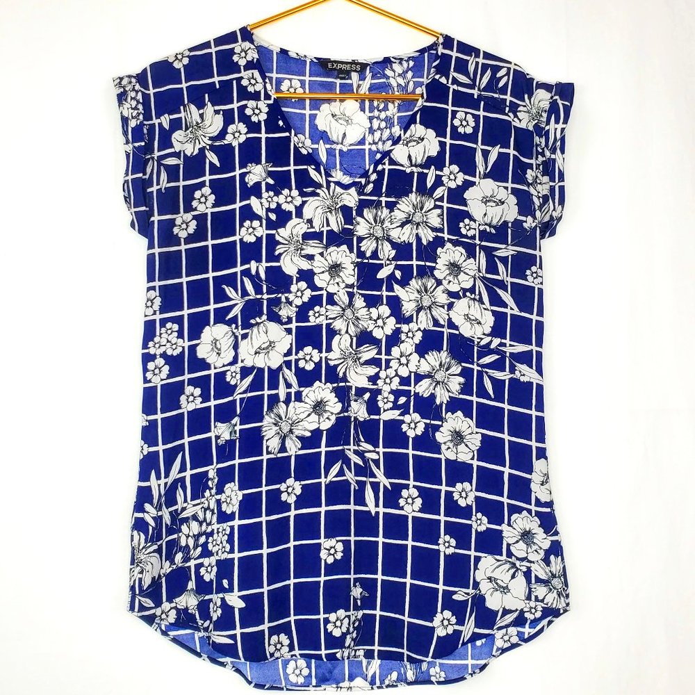 Express Floral Windowpane Print V-neck Cuffed Sleeve Top Size: S